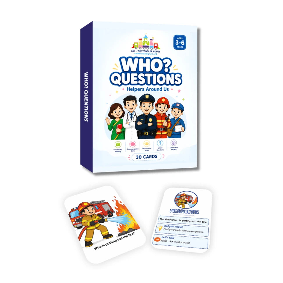 WHO questions learning cards for preschoolers