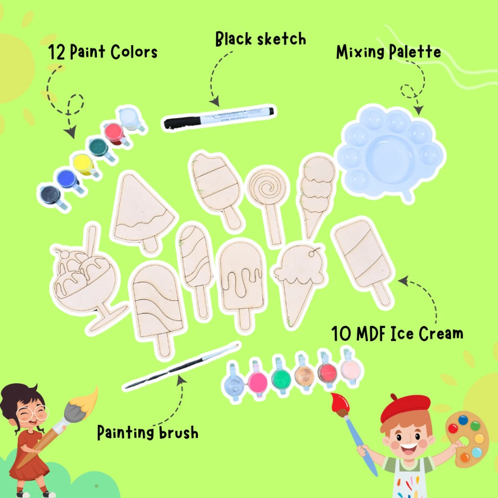 Set of MDF ice cream shapes with paint colors, brush, and mixing palette painting kit for toddlers and preschoolers