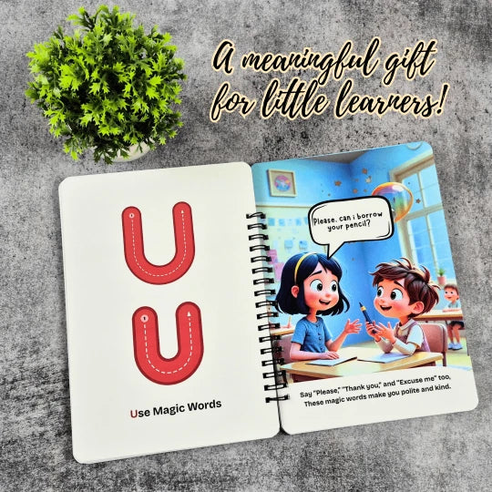 Children's book with a cartoon illustration on a textured surface with a plant.