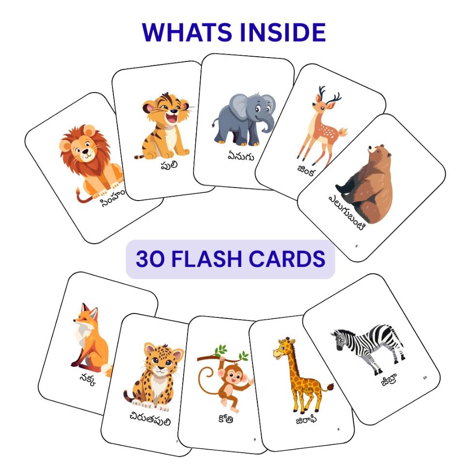 Montessori animal vocabulary learning cards in Telugu