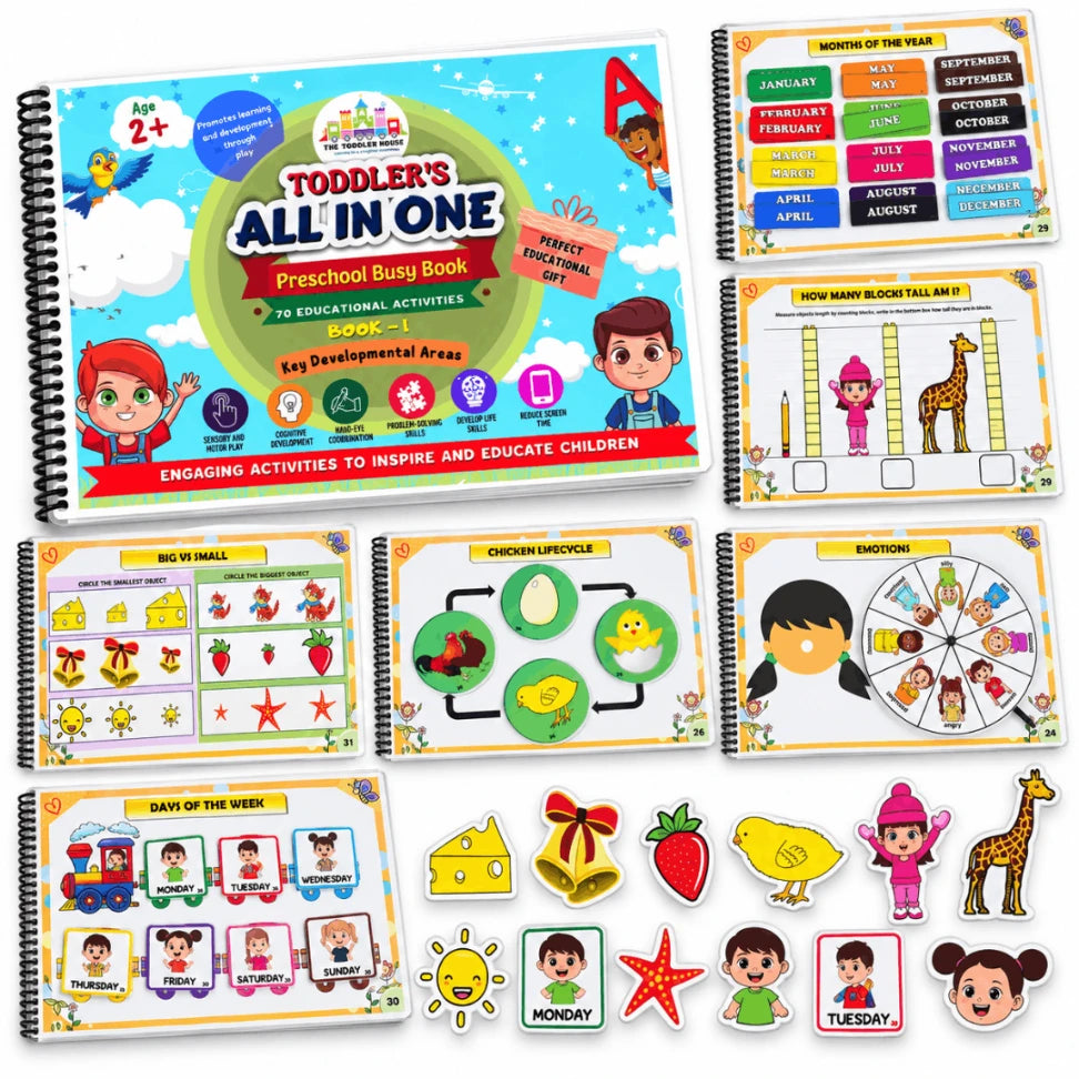 All-in-One Preschool Busy Book for Toddlers | 70 Learning Activities | Montessori Learning Book for Kids 1.5–4.5 Years