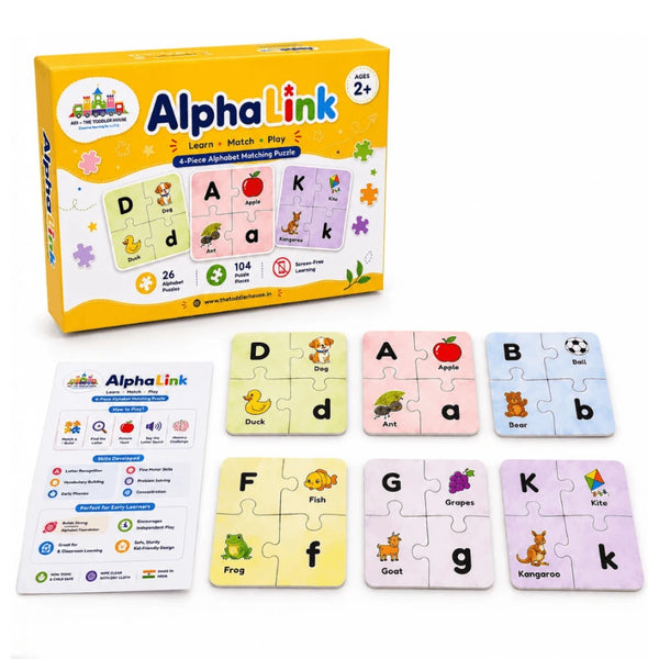 AlphaLink | 4-Piece Alphabet Matching Puzzle for Kids | Montessori ABC Learning Toy | Uppercase & Lowercase Letter Puzzle | Age 2+