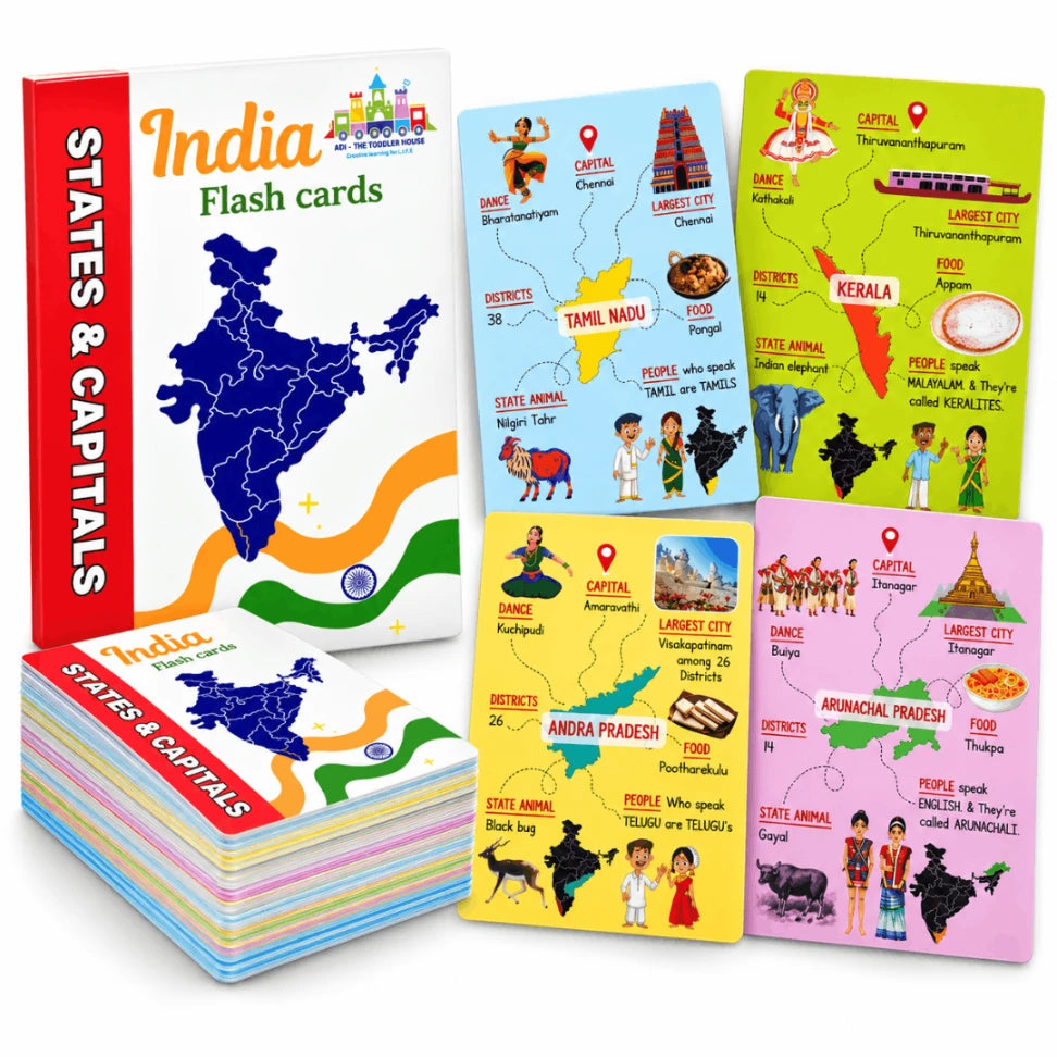 India States & Capitals Flash Cards – 36 Cards for Kids Ages 5–10 | Indian Geography & General Knowledge