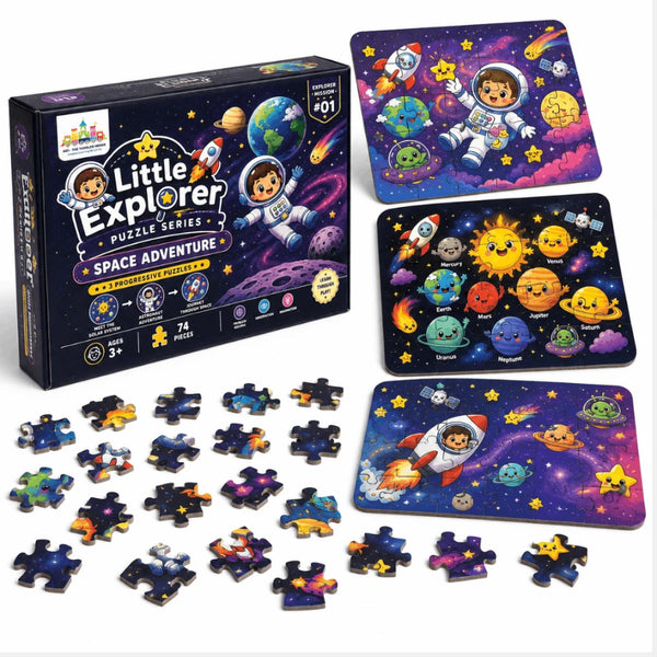 Little Explorer Puzzle Series – Space Adventure | 3 Progressive Educational Space Jigsaw Puzzles for Kids 3+ | STEM Learning Toy | The Toddler House