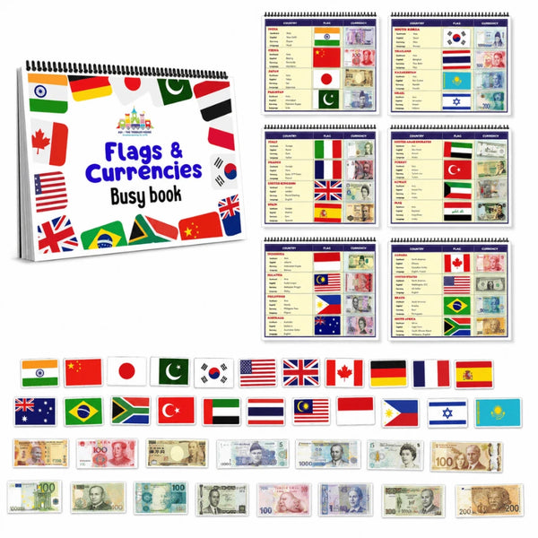 World Flags & Currencies Busy Book for Kids | Learn 40 Countries, Flags & Currencies | Reusable Montessori Activity Book