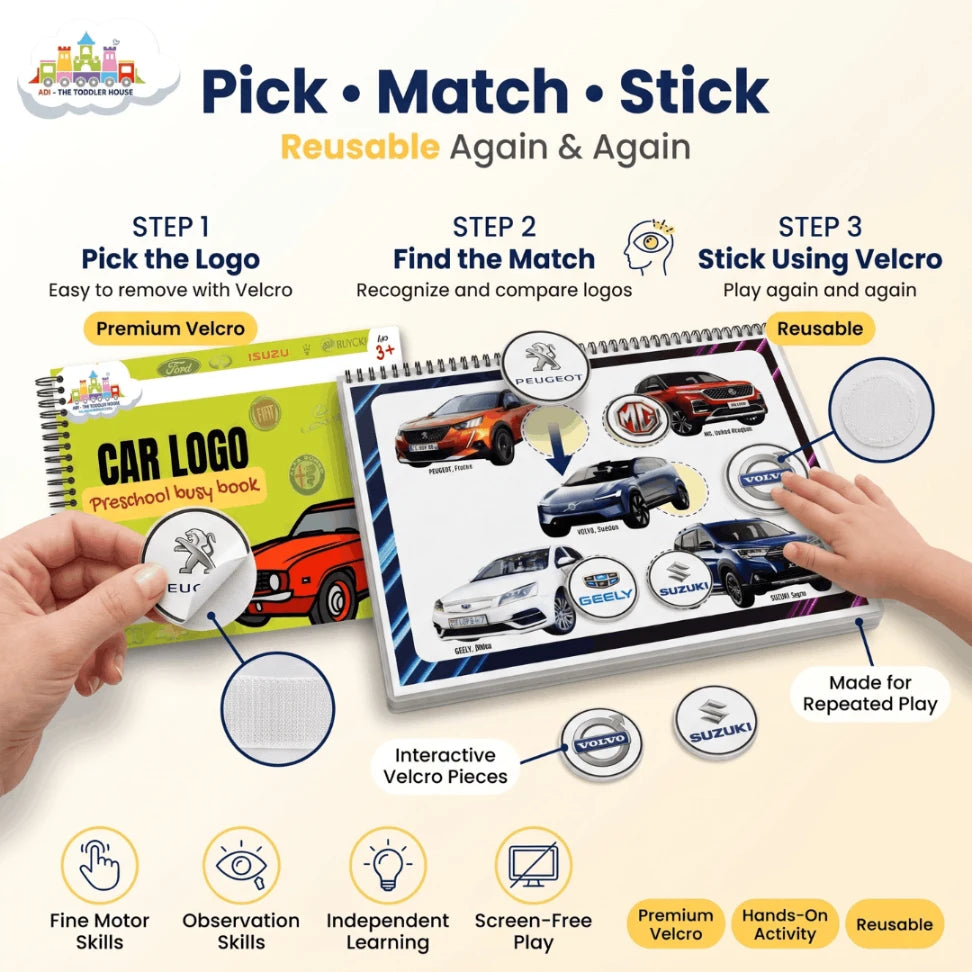 Car Logo Busy Book for Kids | 50 Car Brand Logo Matching Velcro Activity Book