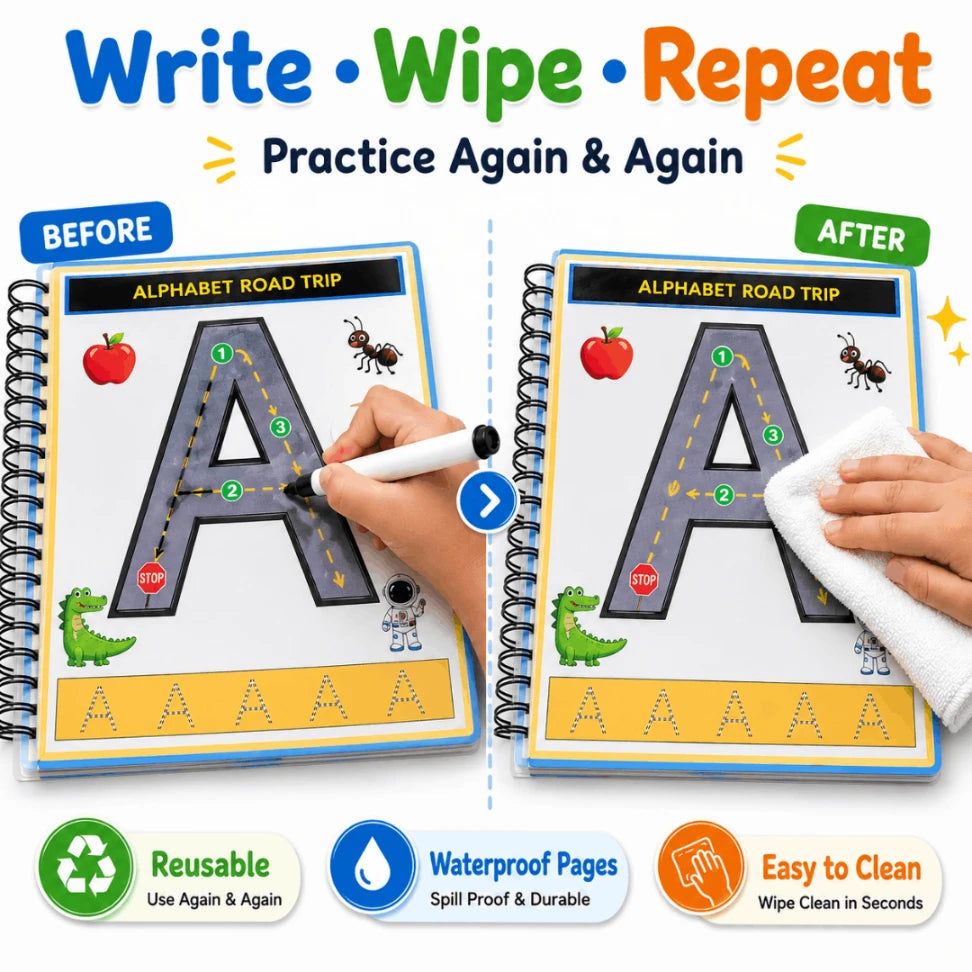 Alphabet & Number Road Trip – Reusable Alphabet & Number Tracing Book for Toddlers (A4/A5)