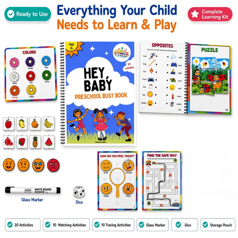 Hey Baby Preschool Busy Book | 20 Reusable Montessori Matching & Tracing Activities for Kids (Age 2–5 Years)