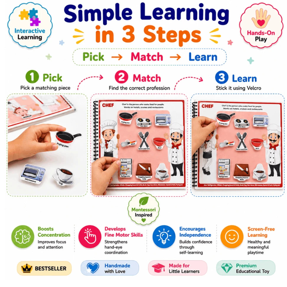 Community Helpers Busy Book for Kids | Reusable Montessori Learning Activity Book (15 Professions | Age 3+)