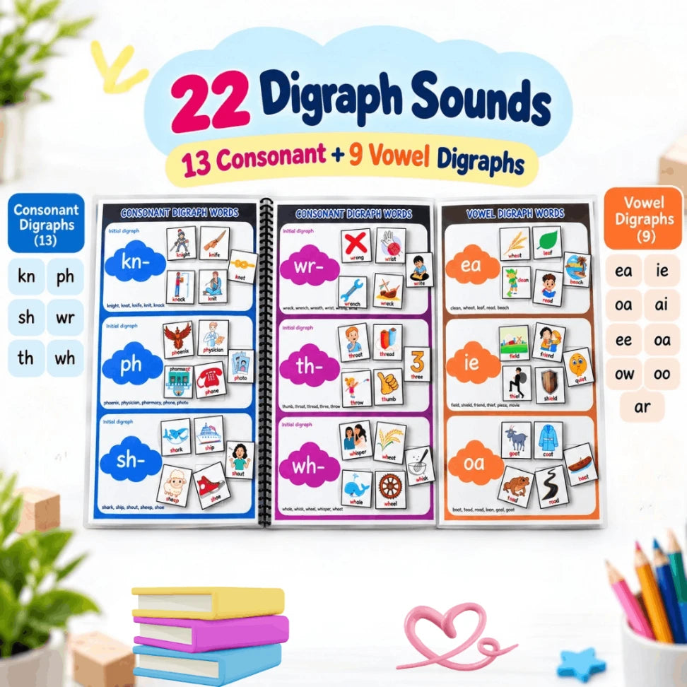 Digraph Words Phonics Book for Kids | 22 Consonant & Vowel Digraph Sounds | Reusable A4 Phonics Activity Book