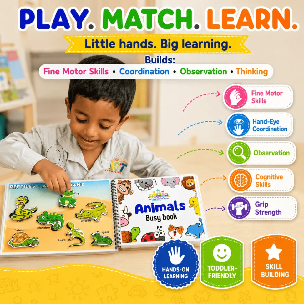 Animal Busy Book for Toddlers | 10 Reusable Animal Learning Activities | Montessori-Inspired Educational Book for Kids 2+