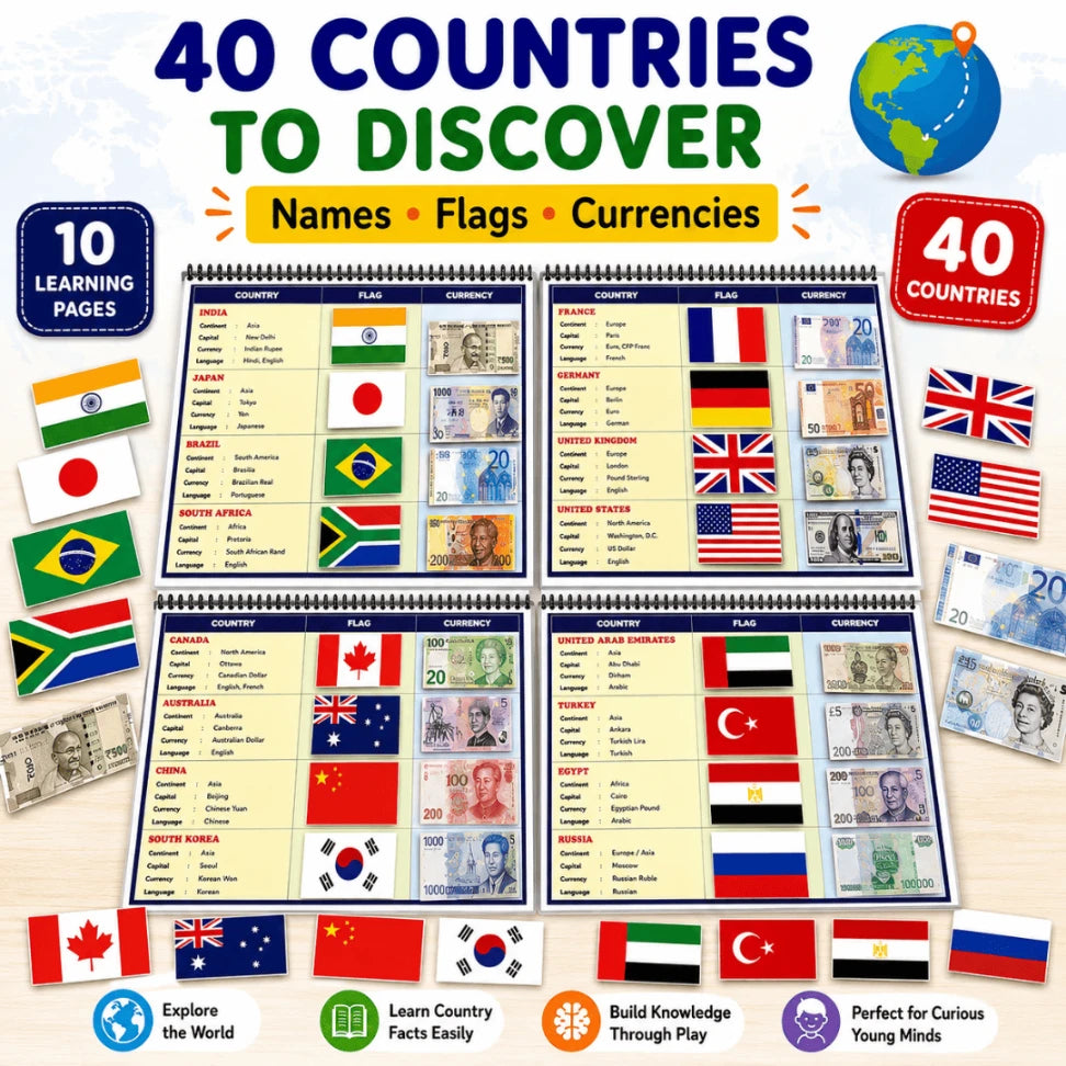 World Flags & Currencies Busy Book for Kids | Learn 40 Countries, Flags & Currencies | Reusable Montessori Activity Book
