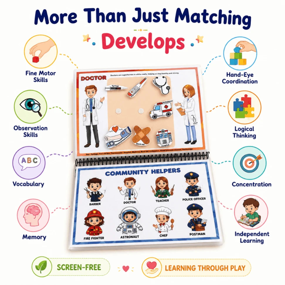 Community Helpers Busy Book for Kids | Reusable Montessori Learning Activity Book (15 Professions | Age 3+)
