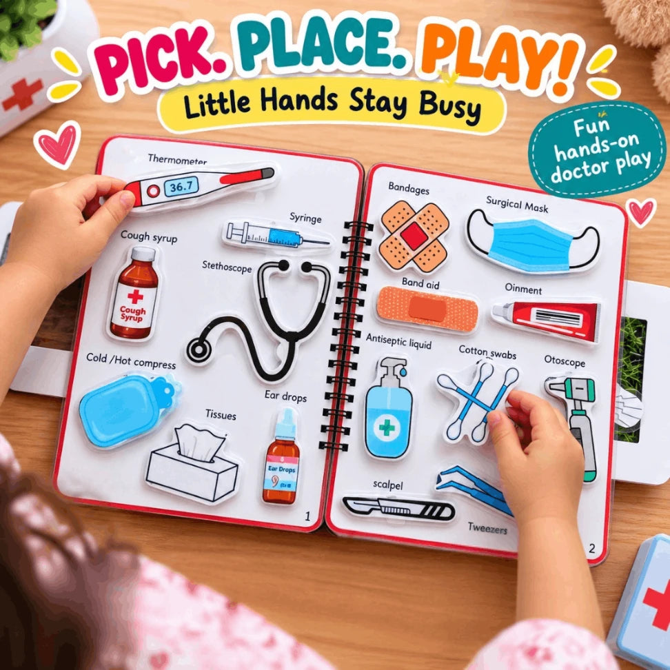 Doctor Suitcase Pretend Play Busy Book for Kids | Interactive Montessori Medical Role Play Activity Book Age 3+
