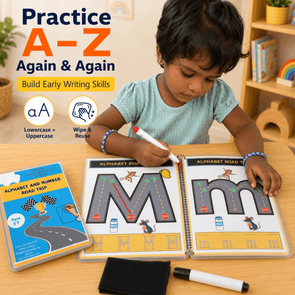 Alphabet & Number Road Trip – Reusable Alphabet & Number Tracing Book for Toddlers A5