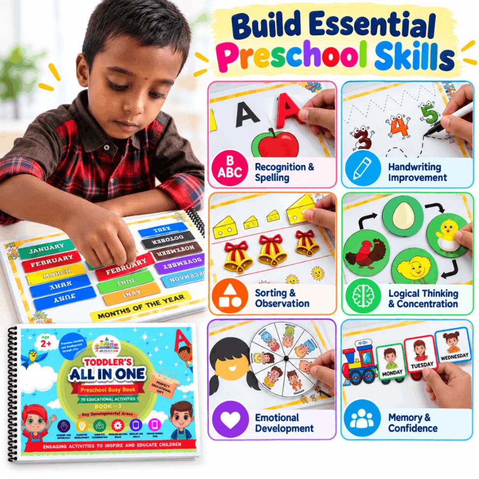 All-in-One Preschool Busy Book for Toddlers | 70 Learning Activities | Montessori Learning Book for Kids 1.5–4.5 Years
