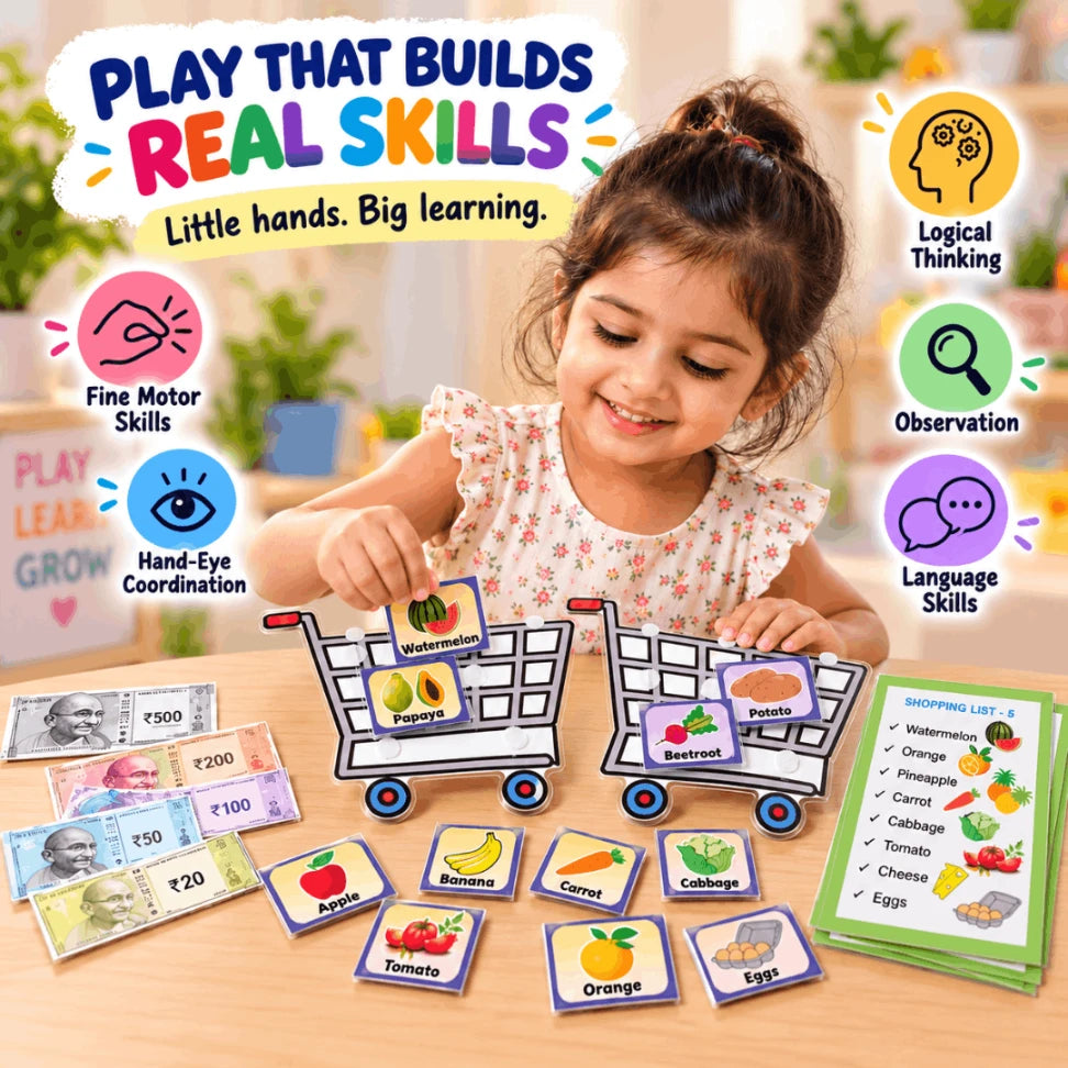 Shopping Cart Pretend Play Kit for Toddlers | Fruits & Vegetables Learning Activity | Montessori Preschool Learning Toy
