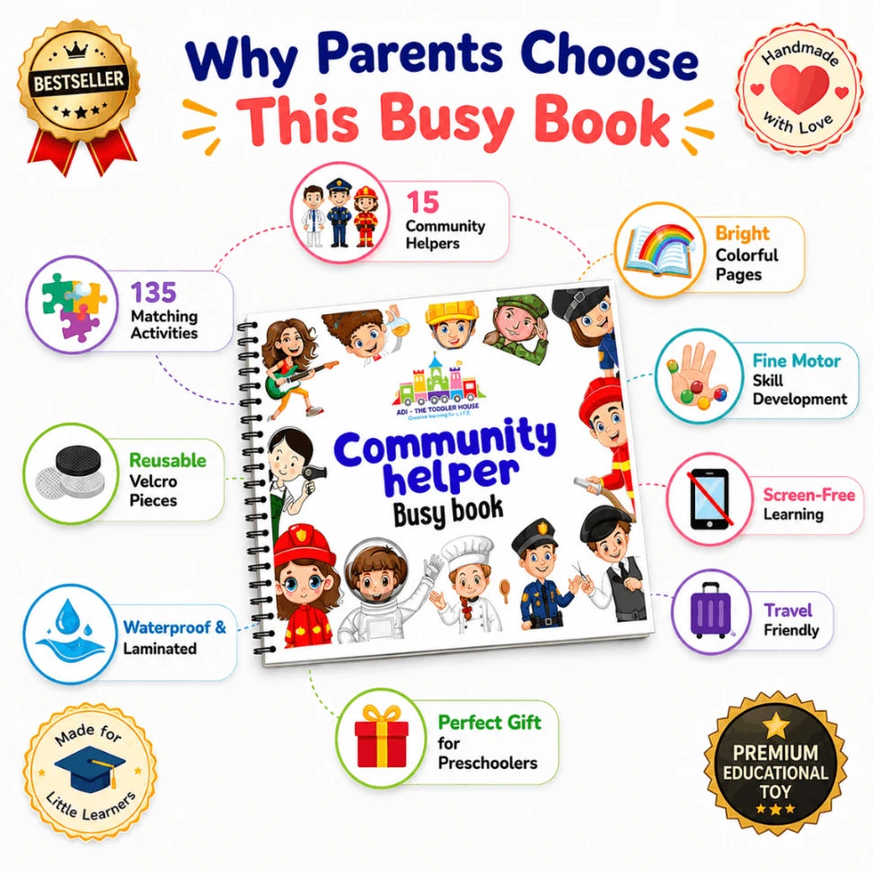 Community Helpers Busy Book for Kids | Reusable Montessori Learning Activity Book (15 Professions | Age 3+)