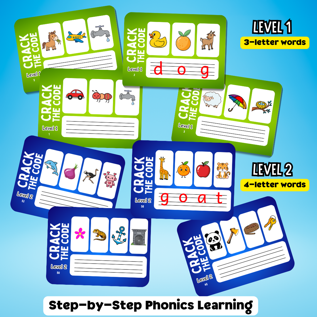 CVC and 4 letter word learning cards for kids