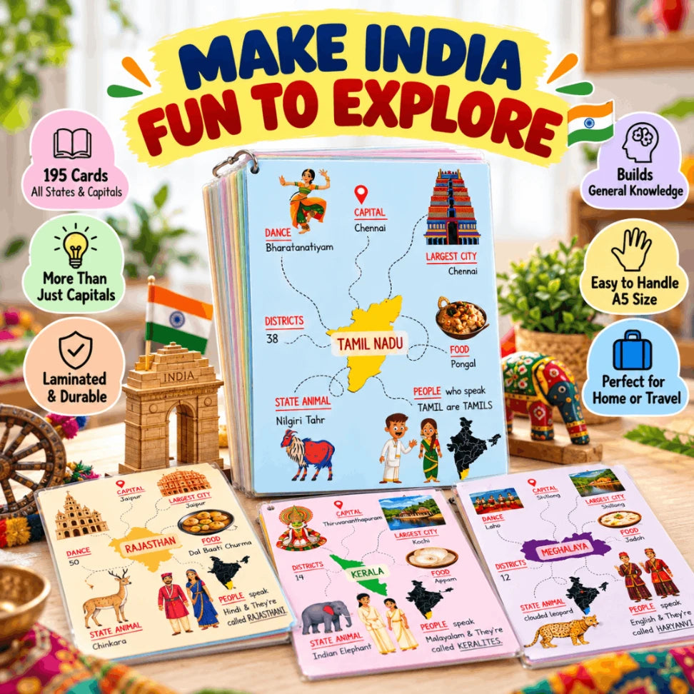 India States & Capitals Flash Cards – 36 Cards for Kids Ages 5–10 | Indian Geography & General Knowledge