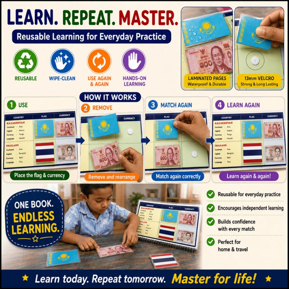 World Flags & Currencies Busy Book for Kids | Learn 40 Countries, Flags & Currencies | Reusable Montessori Activity Book