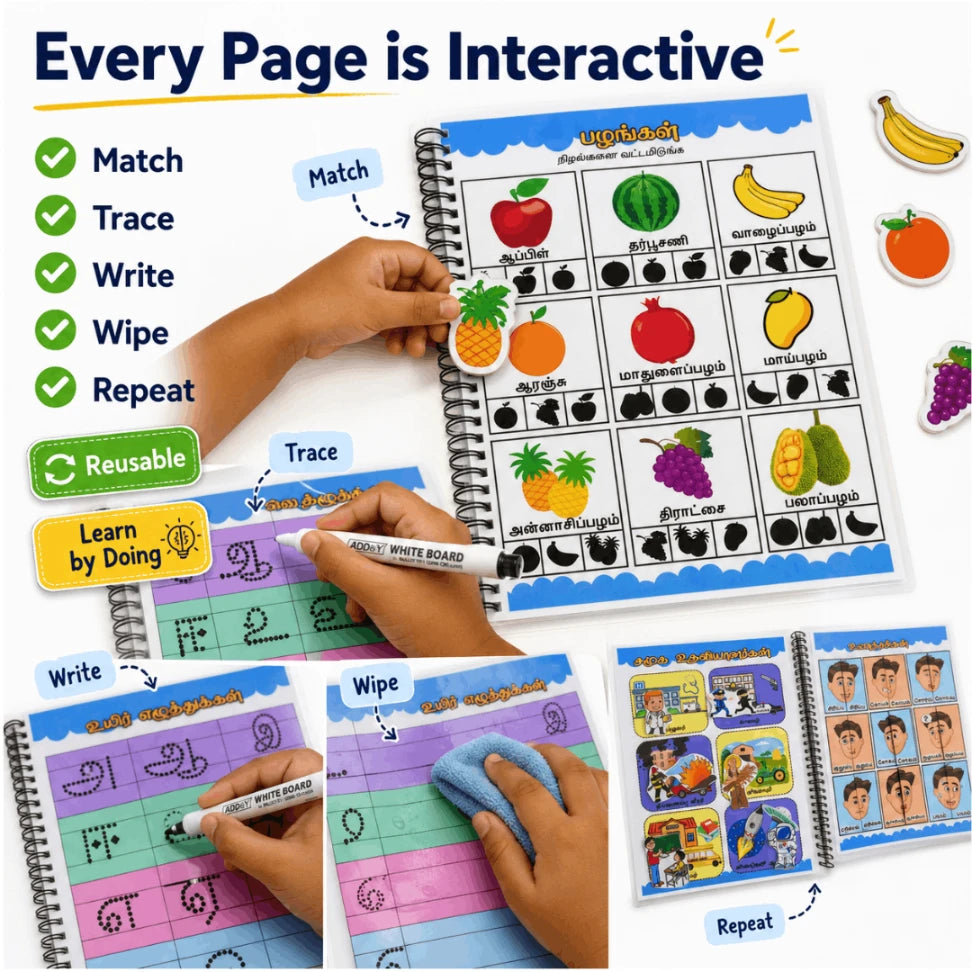 Kulanthaiyum Tamilum Preschool Tamil Activity Book | Reusable Tamil Learning Binder for Kids (Age 2–3.5 Years)