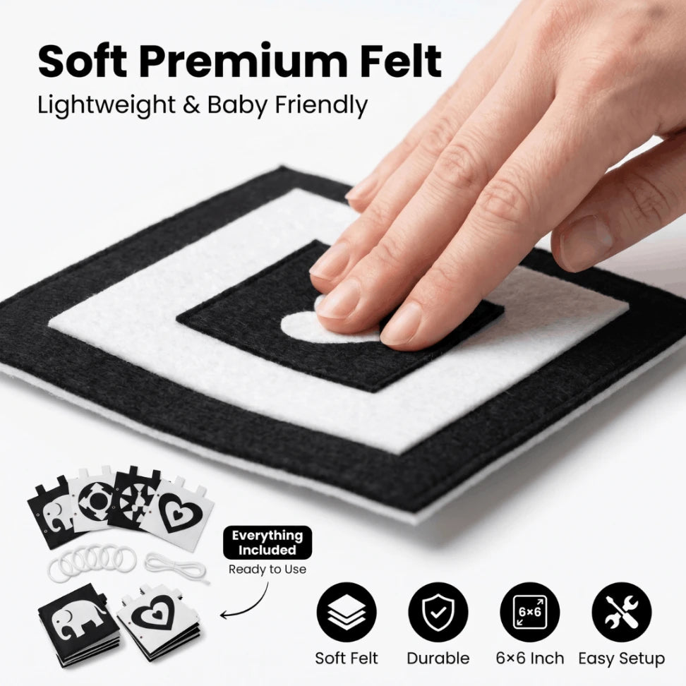 High Contrast Black & White Felt Banner & Book for Newborn Visual Stimulation