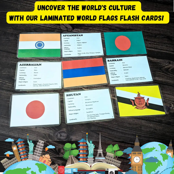 World Flags Flash Cards for Kids | 195 Countries, Capitals, Languages, Currencies & Landmarks | Geography Learning Cards