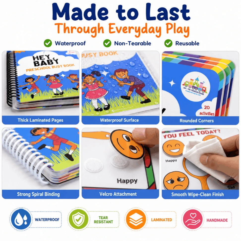 Hey Baby Preschool Busy Book | 20 Reusable Montessori Matching & Tracing Activities for Kids (Age 2–5 Years)