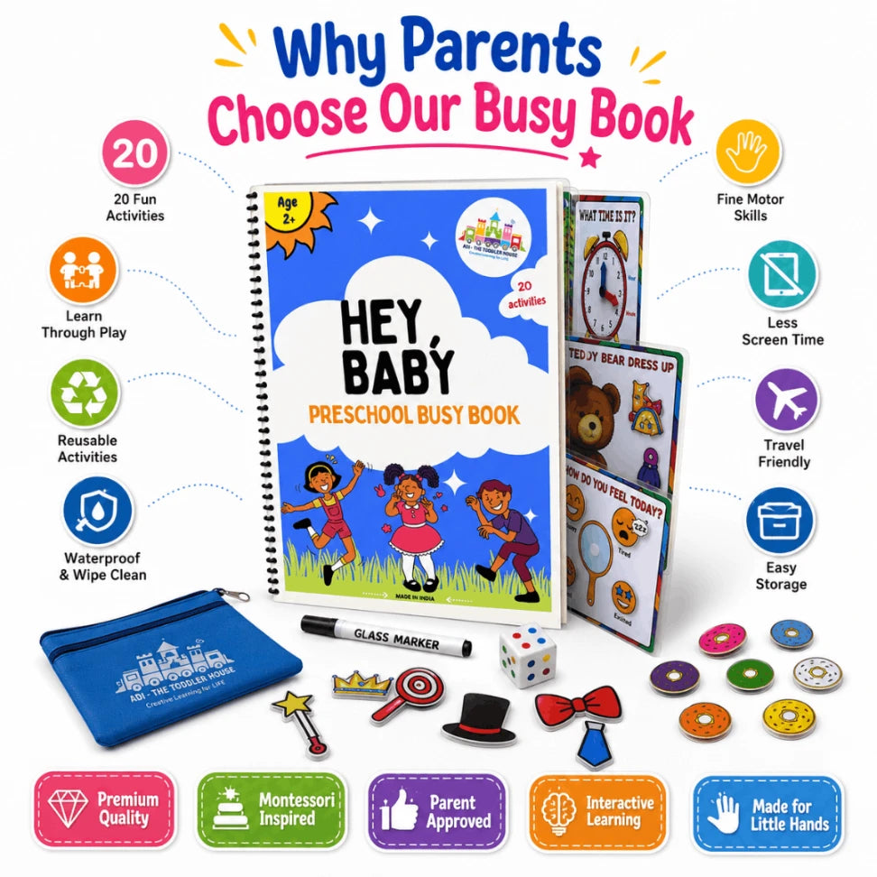 Hey Baby Preschool Busy Book | 20 Reusable Montessori Matching & Tracing Activities for Kids (Age 2–5 Years)