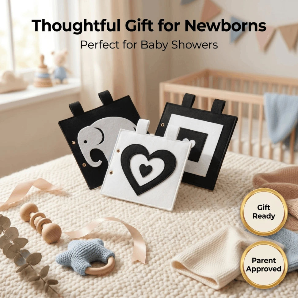 High Contrast Black & White Felt Banner & Book for Newborn Visual Stimulation