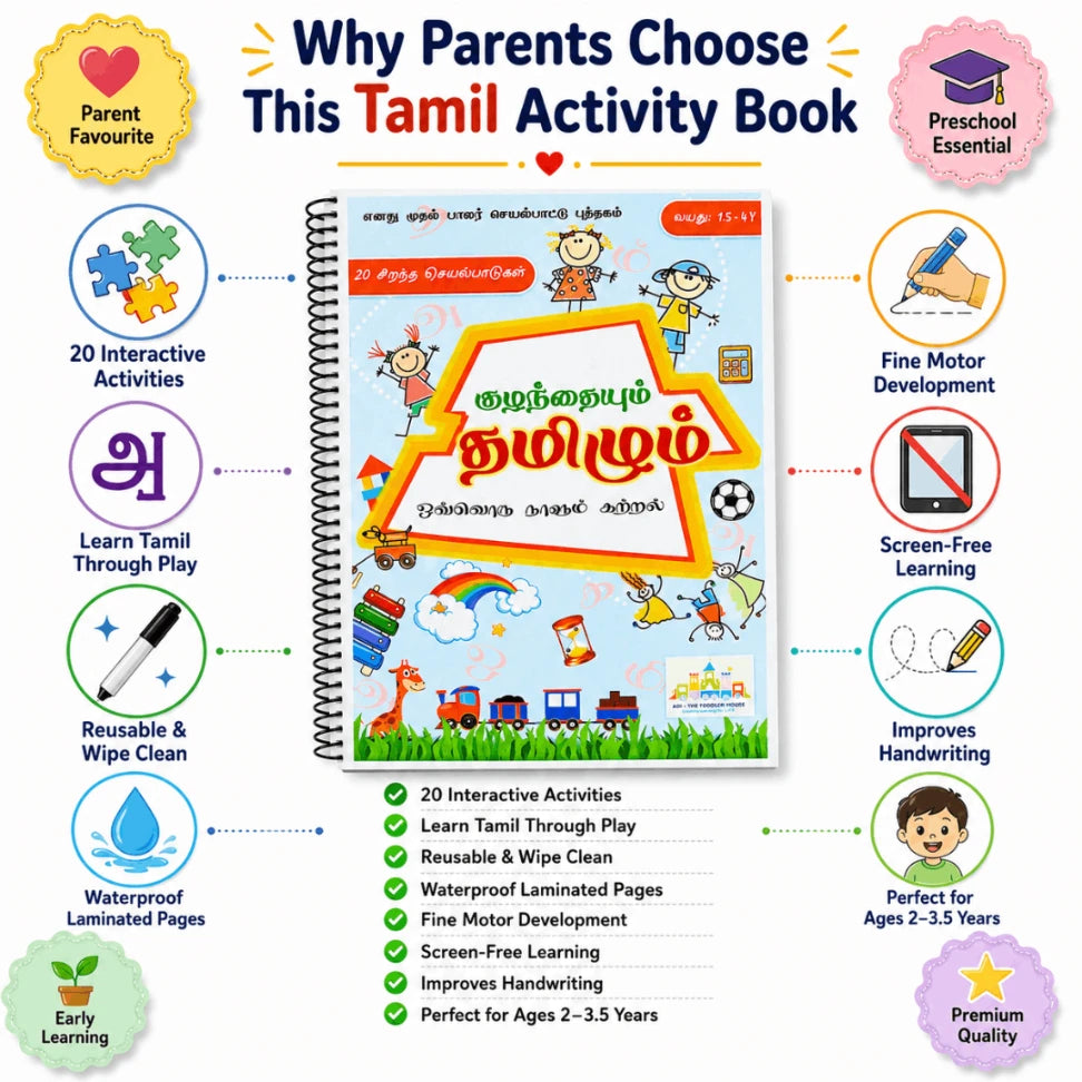 Kulanthaiyum Tamilum Preschool Tamil Activity Book | Reusable Tamil Learning Binder for Kids (Age 2–3.5 Years)