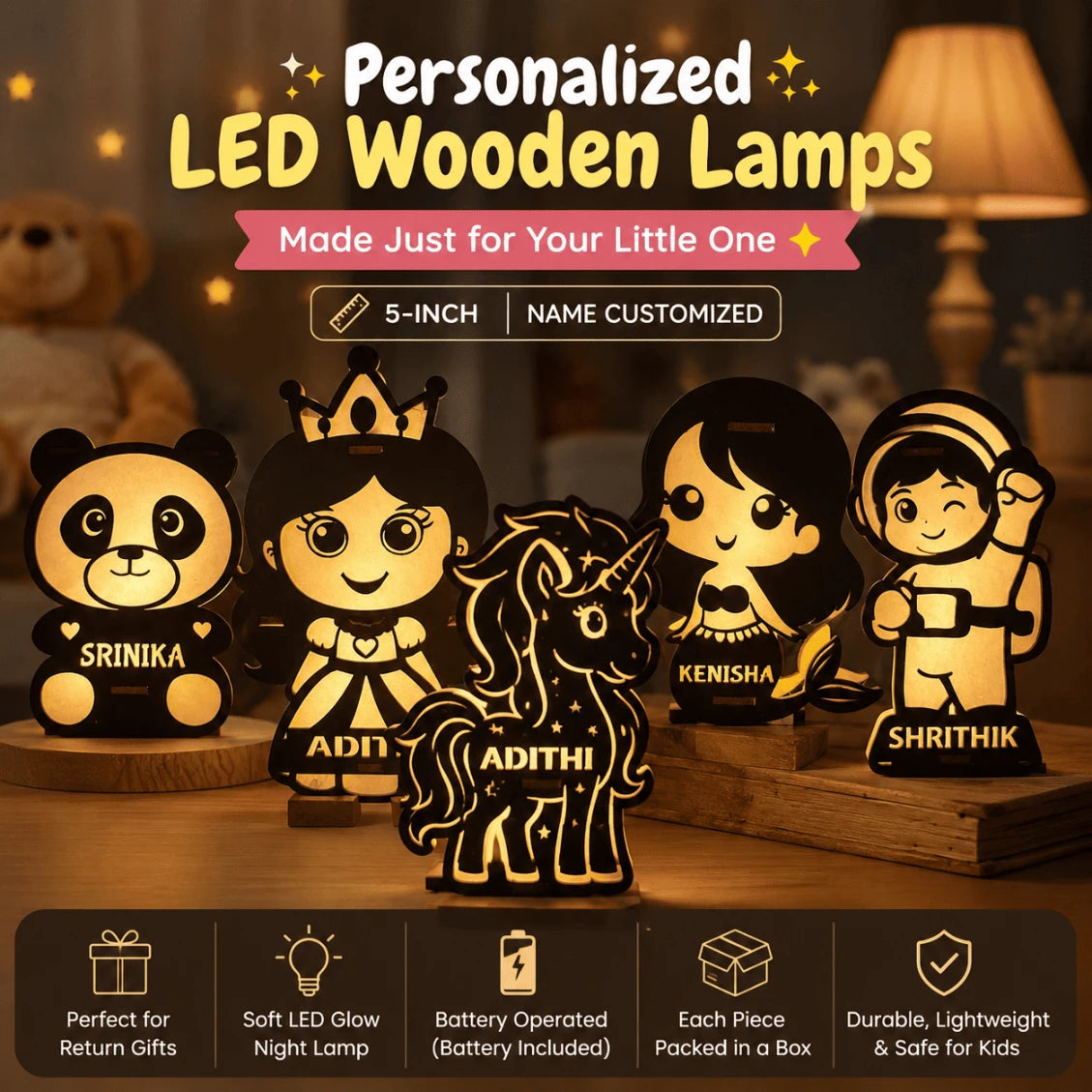 Personalized LED Wooden Name Lamp for Kids | 5 Inch Custom Night Light