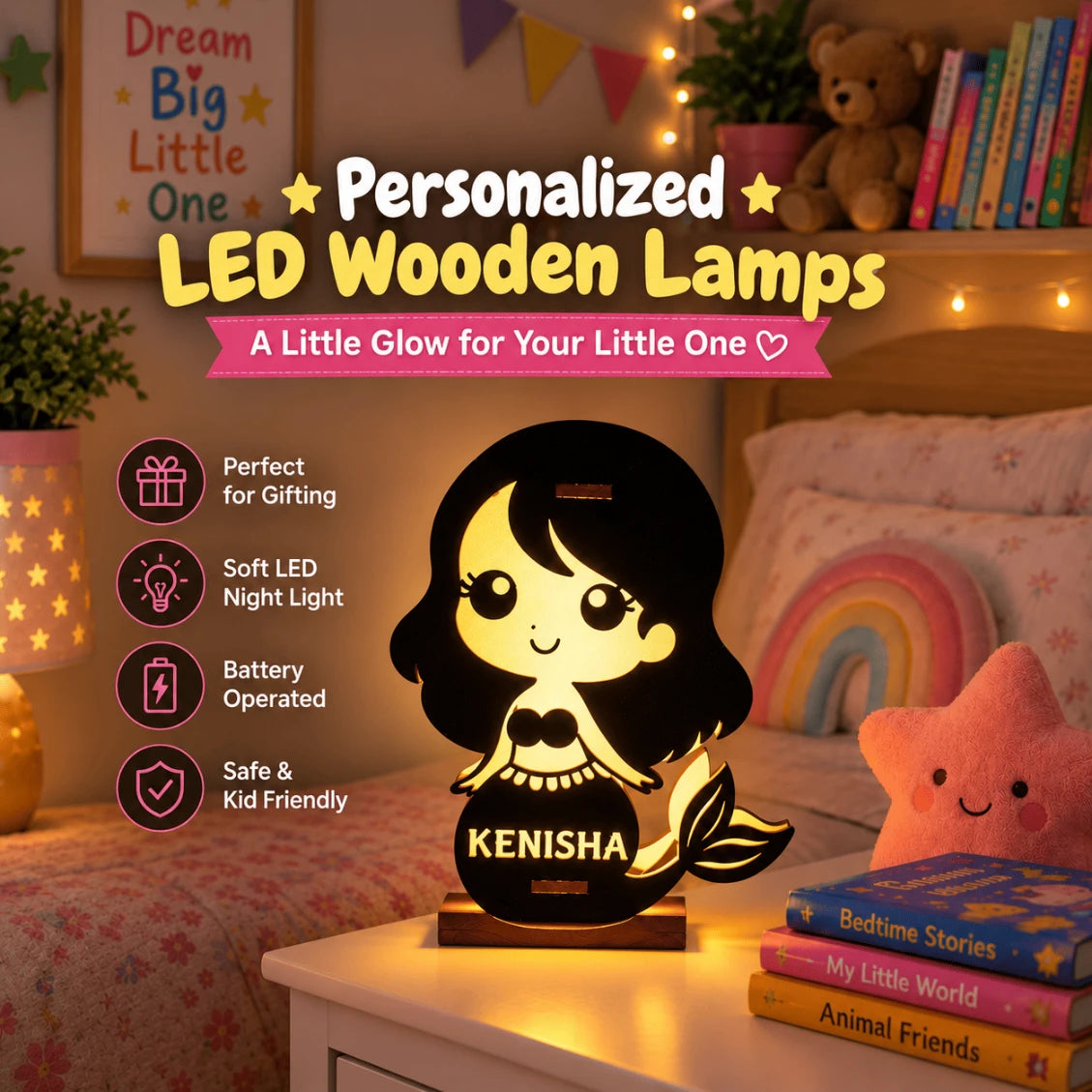 Personalized LED Wooden Name Lamp for Kids | 5 Inch Custom Night Light