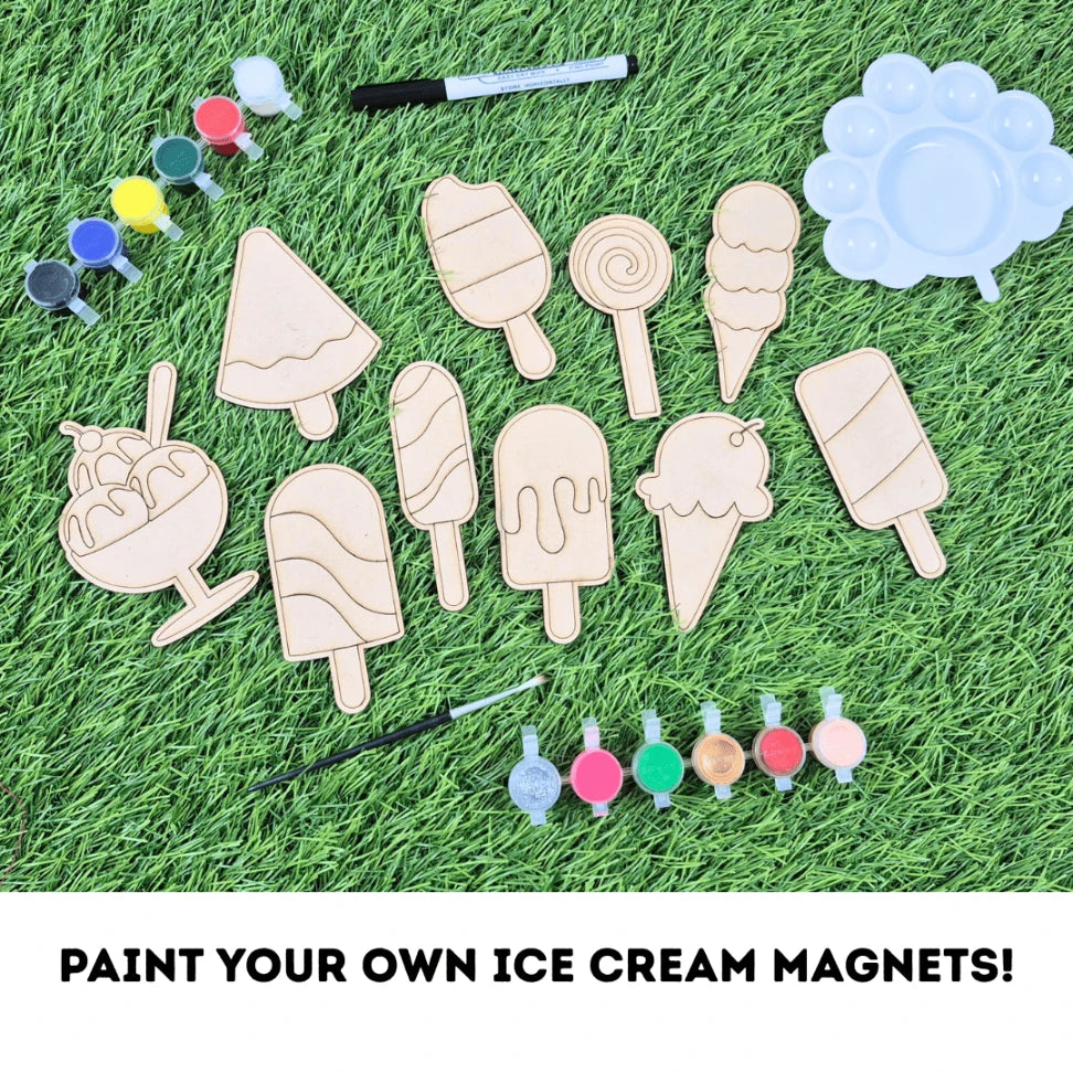 Set of ice cream-themed wooden magnets with paint bottles and markers