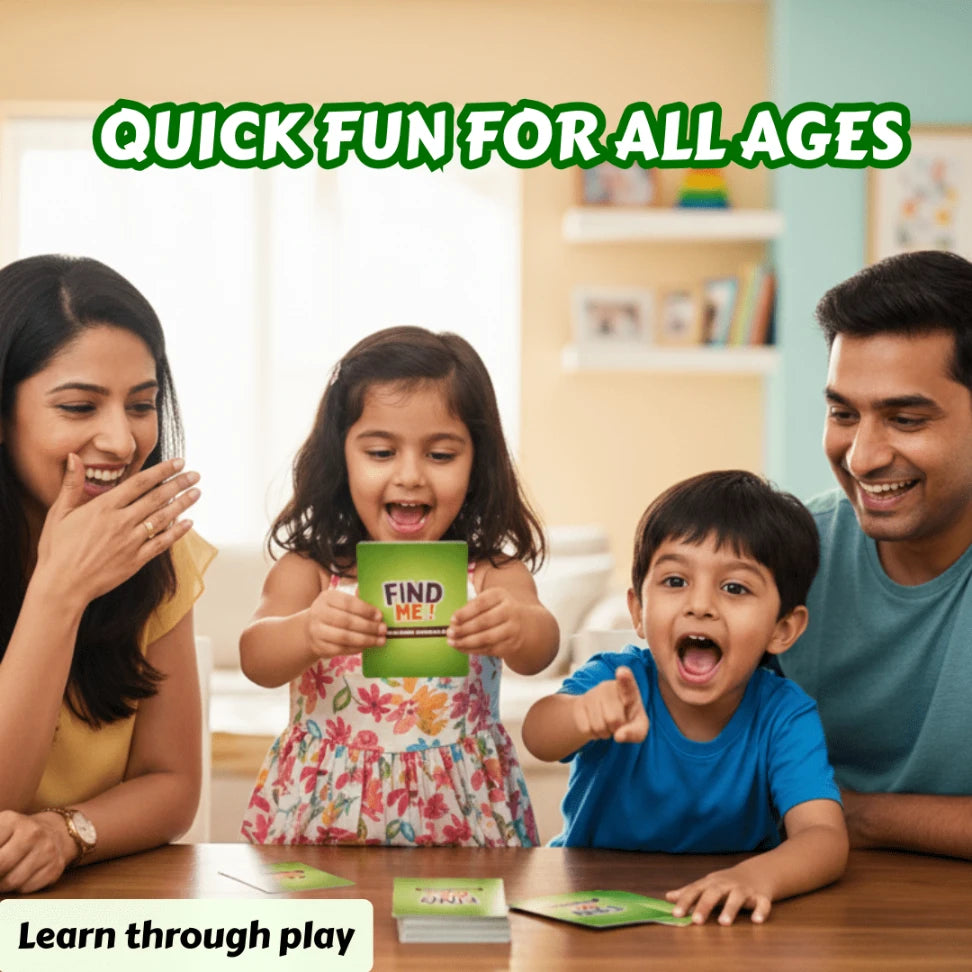 Family playing a game together with text 'Quick fun for all ages' and 'Learn through play'.