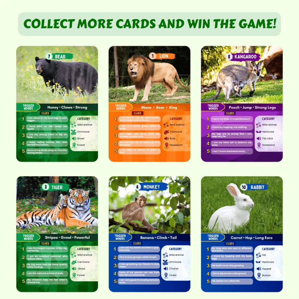 Collection of animal cards with images and text on a green background