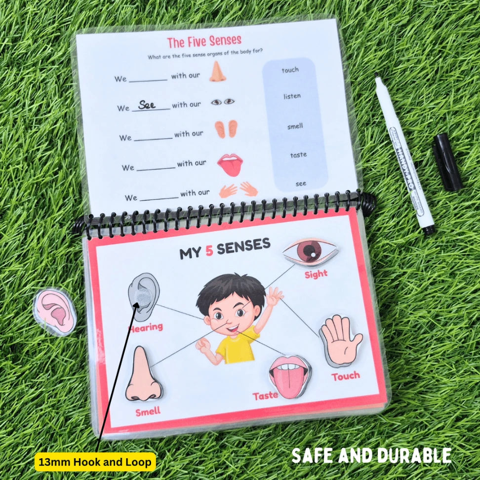 Interactive Montessori Five Senses Learning Book with Velcro Matching and Worksheets