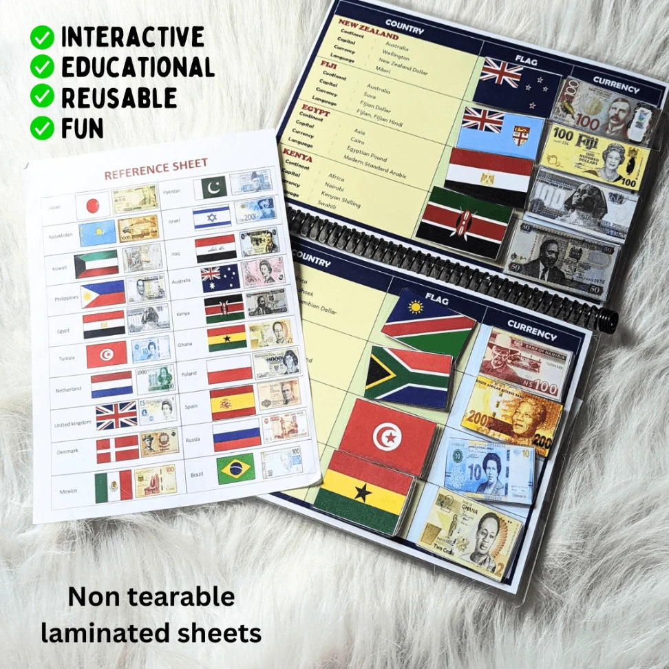 cultural awareness learning book with flags and currencies