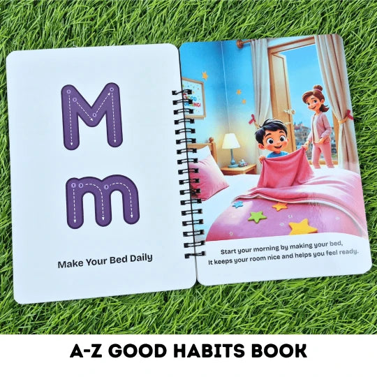 Inside pages of A–Z Good Habits Book showing colorful illustrations and simple sentences