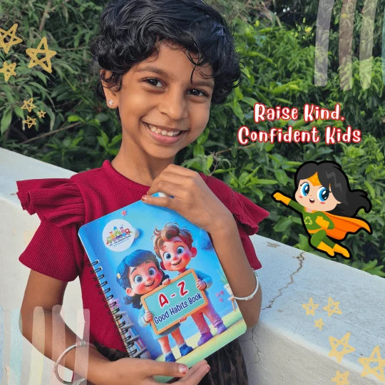 Young child reading the A–Z Good Habits Book with big alphabet letters and pictures