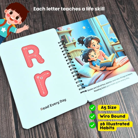 Fanned out A–Z Good Habits Book pages showing multiple habits from A to Z