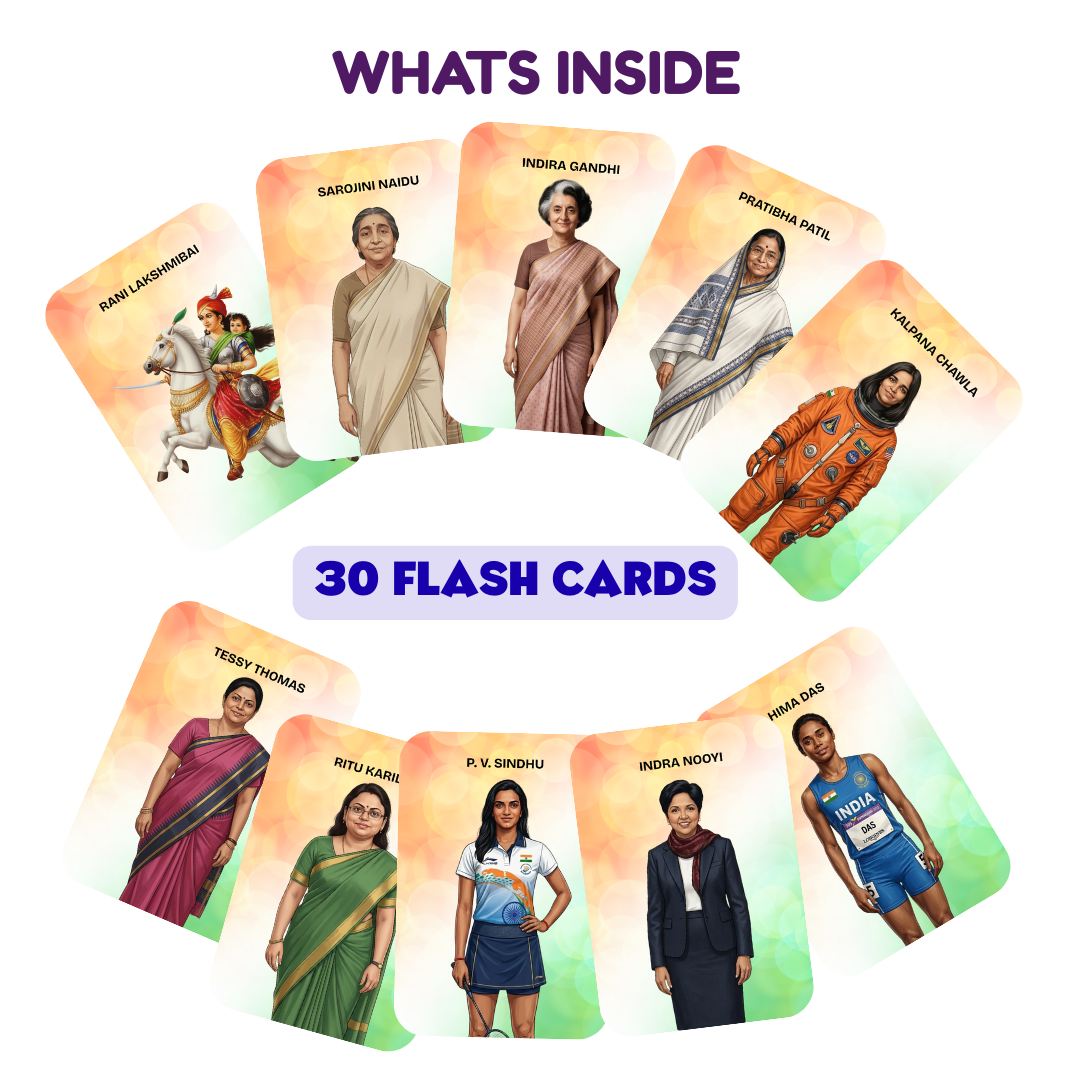 Indian women achievers learning cards for preschool kids
