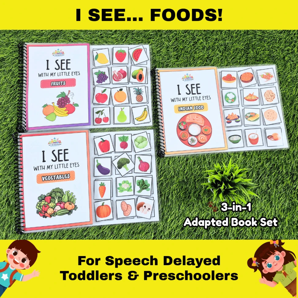 Adapted books for kids featuring fruits, vegetables, and Indian food with real images