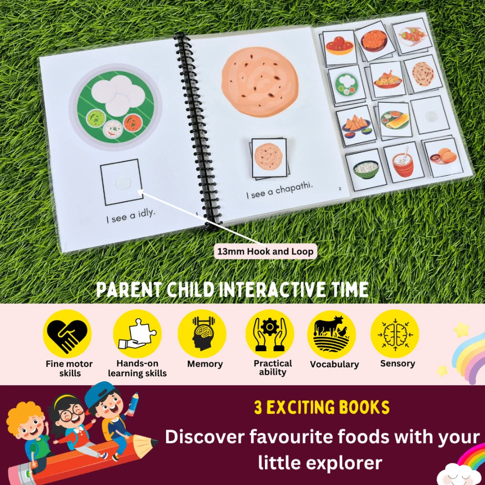 Laminated waterproof pages with real-life food images for early learning