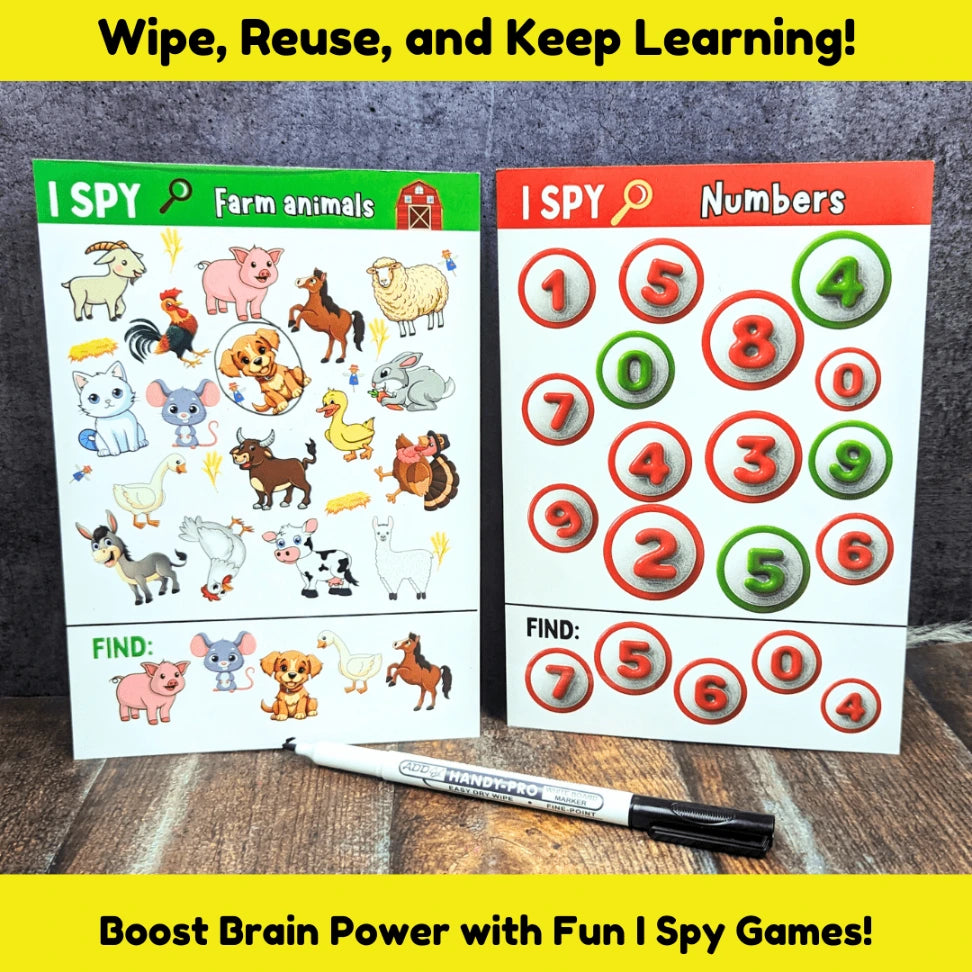Durable laminated I Spy mats with dry-erase markers for preschoolers