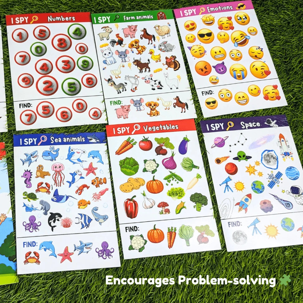Colorful I Spy activity mats for observation and problem-solving skills
