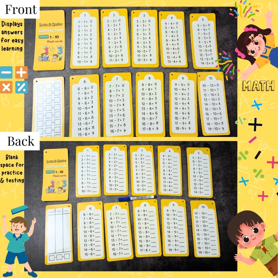 Fun and engaging math practice flashcards for kids aged 4-10.