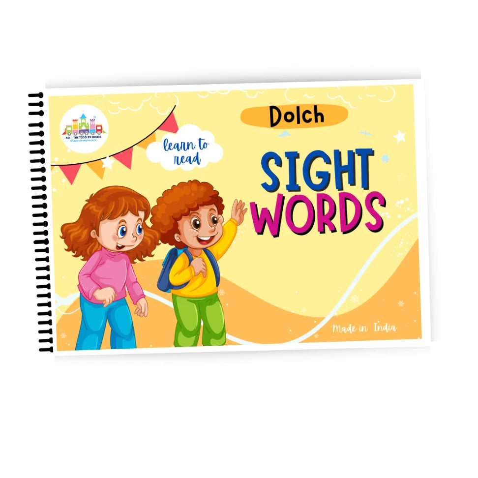 Children's book titled 'Dolch Sight Words' with two cartoon children on a yellow background.