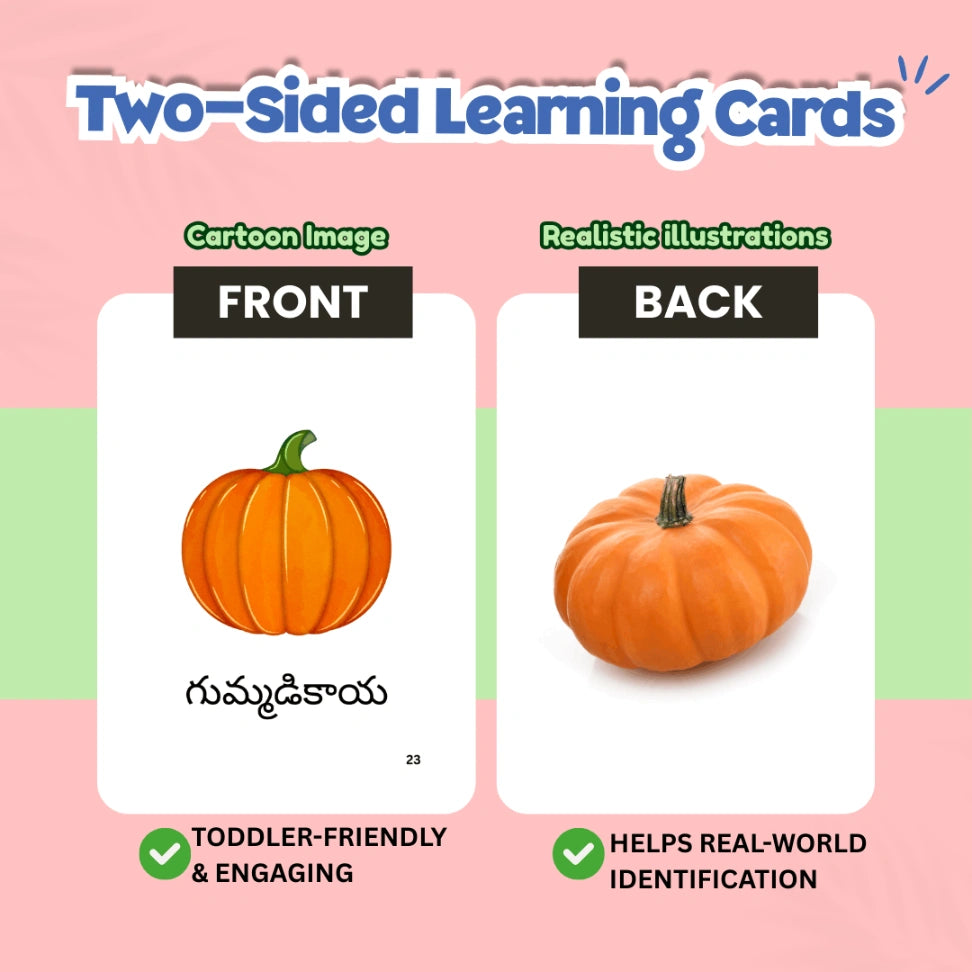 Telugu fruits and vegetables flash cards for 2 to 6 year old kids